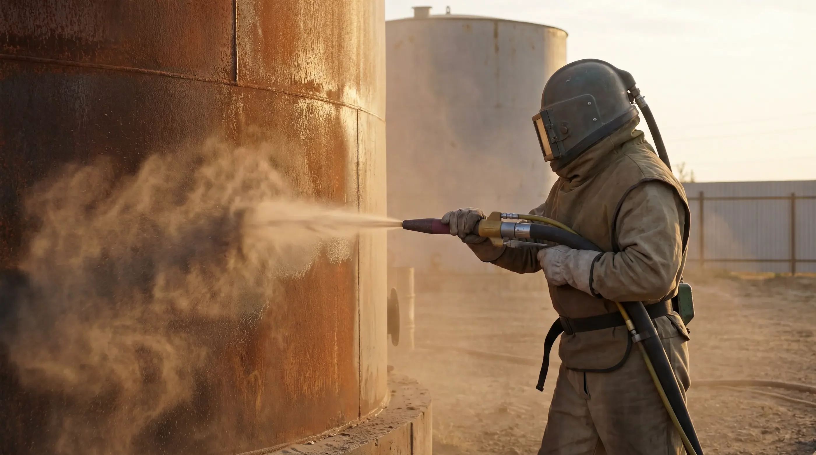 Worker sandblasting rust off industrial tank at sunset